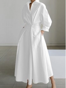 Women's Solid Pocket Button Lapel Long Sleeve Maxi Shirt Casual Dress