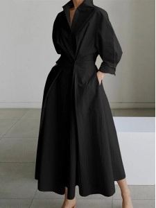 Women's Solid Pocket Button Lapel Long Sleeve Maxi Shirt Casual Dress