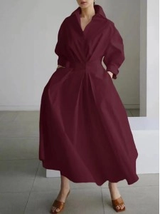 Women's Solid Pocket Button Lapel Long Sleeve Maxi Shirt Casual Dress
