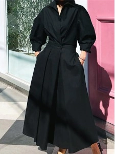 Women's Solid Pocket Button Lapel Long Sleeve Maxi Shirt Casual Dress