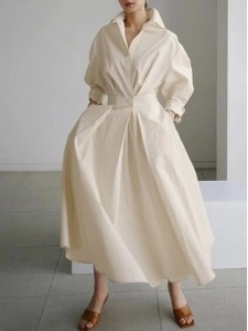 Women's Solid Pocket Button Lapel Long Sleeve Maxi Shirt Casual Dress