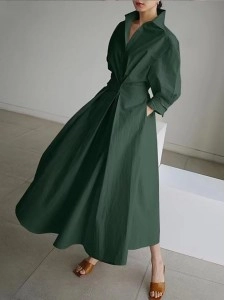 Women's Solid Pocket Button Lapel Long Sleeve Maxi Shirt Casual Dress