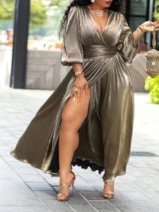 Women's Stamped Deep V-Neck Corseted Split Hem Dresses