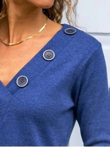 Women's T-Shirts Solid V-Neck Button Long Sleeve Casual T-Shirt