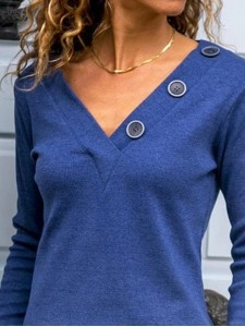 Women's T-Shirts Solid V-Neck Button Long Sleeve Casual T-Shirt