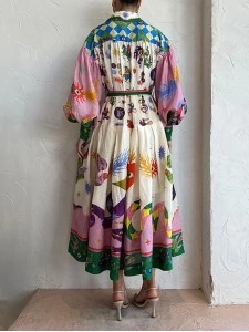 Women's Temperament Printed Lantern Sleeve Lapel Waist Long Sleeve Dresses