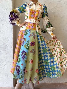 Women's Temperament Printed Lantern Sleeve Lapel Waist Long Sleeve Dresses