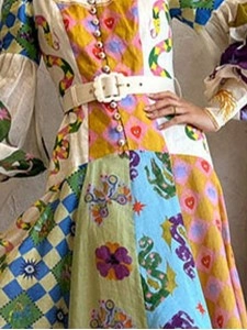 Women's Temperament Printed Lantern Sleeve Lapel Waist Long Sleeve Dresses