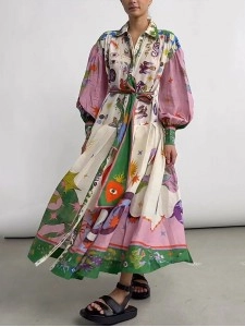 Women's Temperament Printed Lantern Sleeve Lapel Waist Long Sleeve Dresses