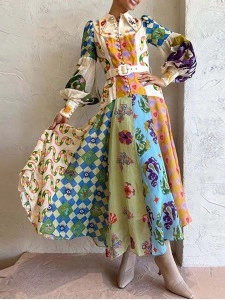 Women's Temperament Printed Lantern Sleeve Lapel Waist Long Sleeve Dresses