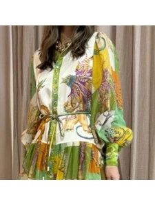Women's Temperament Printed Lantern Sleeve Lapel Waist Long Sleeve Dresses