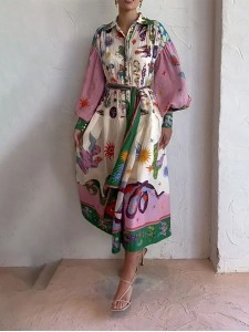 Women's Temperament Printed Lantern Sleeve Lapel Waist Long Sleeve Dresses
