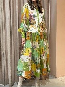Women's Temperament Printed Lantern Sleeve Lapel Waist Long Sleeve Dresses