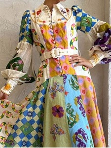 Women's Temperament Printed Lantern Sleeve Lapel Waist Long Sleeve Dresses