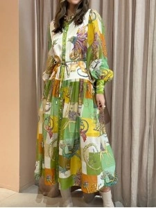 Women's Temperament Printed Lantern Sleeve Lapel Waist Long Sleeve Dresses