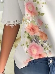 Women's V-neck printed lace patchwork shirt