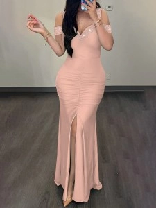 Women's v-neck Waist Split Pleated Dresses