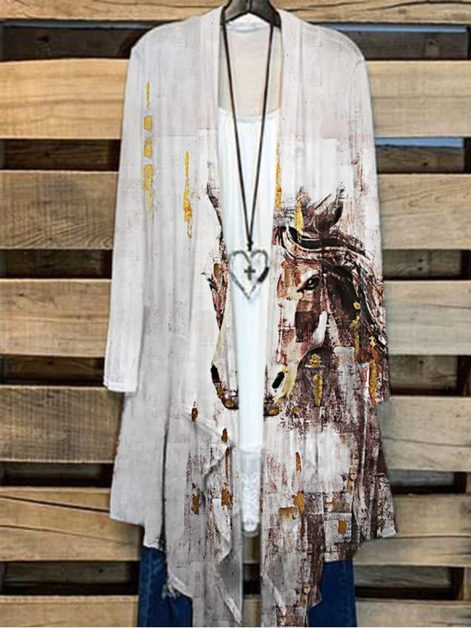 Women's Vintage Western Oil Painting Horse Print Cardigan