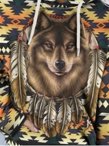 Women's Vintage Wolf and Bull Head Print Hoodie