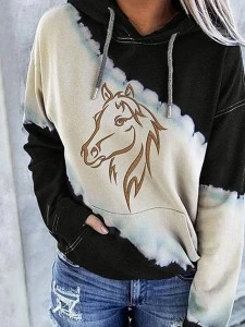 Women's Western Color Block Horse Print Hoodie