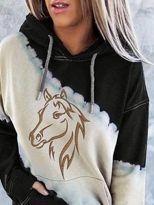 Women's Western Color Block Horse Print Hoodie