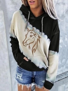 Women's Western Color Block Horse Print Hoodie