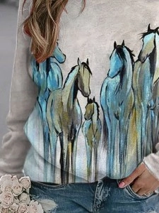 Women's Western Vintage Oil Painting Horse Print Sweatshirt