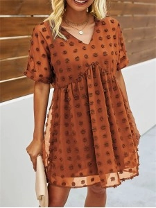 Women’s Short Sleeves V Neck Flowy Chiffon Mini Dress