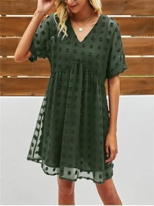 Women’s Short Sleeves V Neck Flowy Chiffon Mini Dress