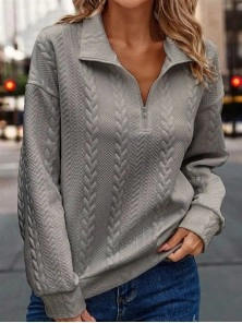Zipper Solid Embossed Sweater