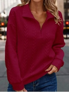 Zipper Solid Embossed Sweater