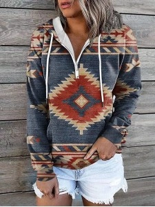 Zipper Western Printed Hoodie